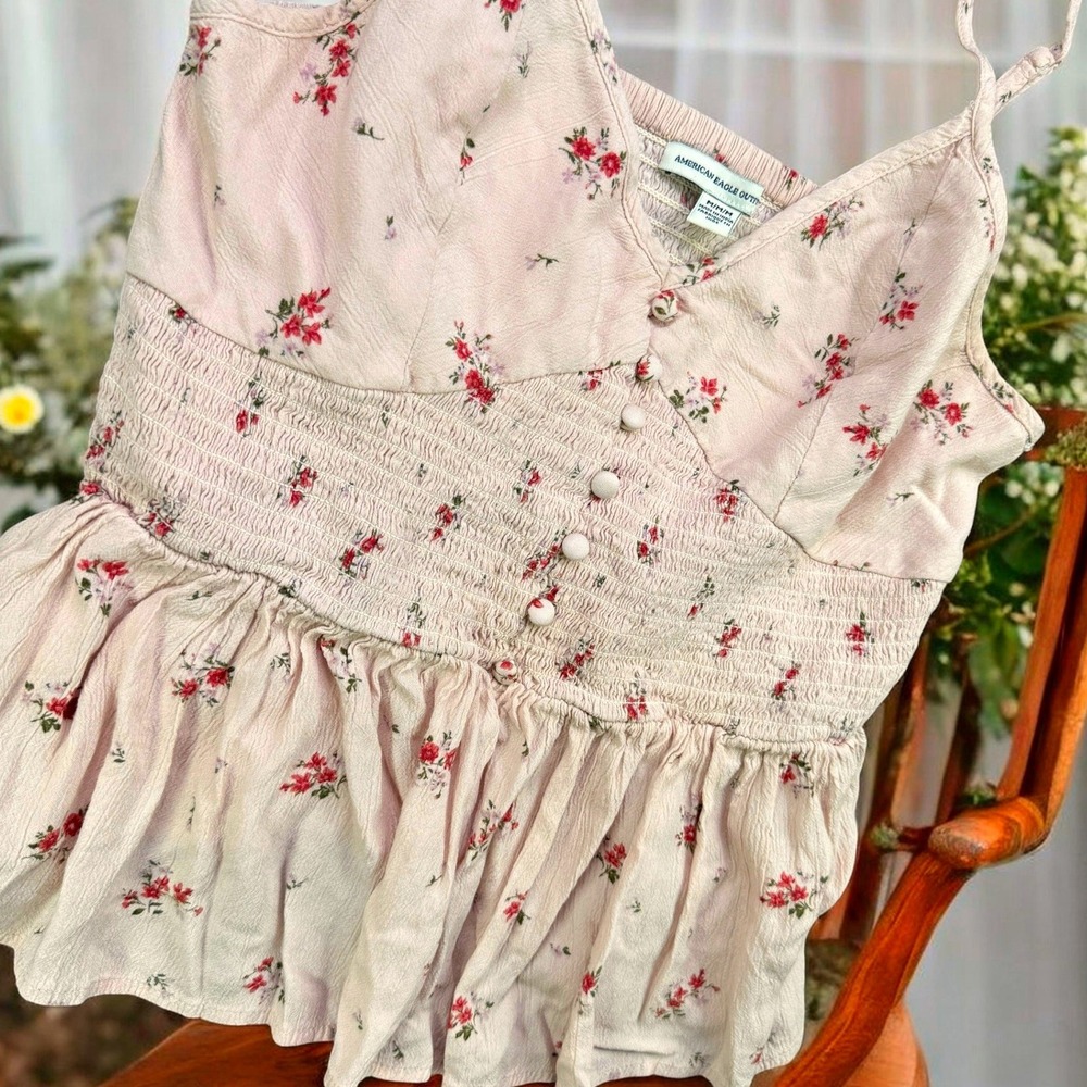 American Eagle Cami Women M Pink Floral Button Smocked Peplum‎ Boho Summer Top